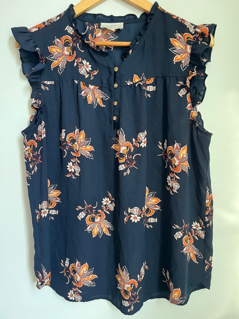 LOFT Navy Floral Ruffle-Sleeve Henley Blouse #512565 Size L